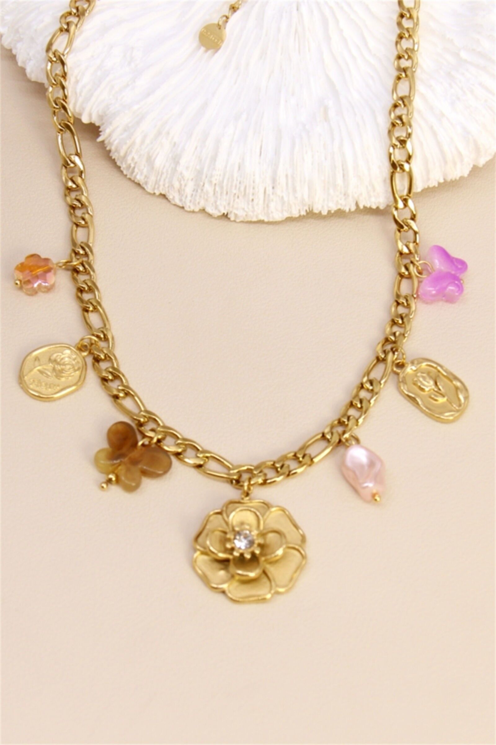 Collier Charms Fleur Cristal & Médailles – Acier inoxydable