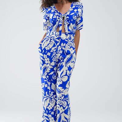Tuta a manica corta Key Hole Front Floral in blu
