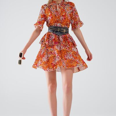 Short Dress with Animal Print in Orange and White