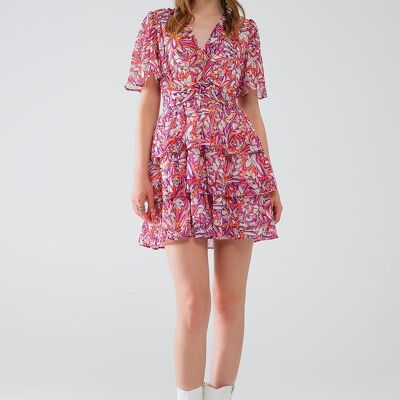 Vestido corto de seda con estampado floral multicolor y diseño de volantes.