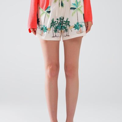 Cream shorts with beach print and elastic waist