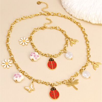 Spring Charms Necklace & Bracelet Set – Ladybug & Flowers