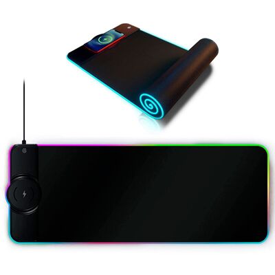 Tapis de souris de jeu LED 78 cm avec chargeur rapide sans fil Qi 15 W. Lumières RVB. Couleur : Noir