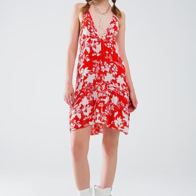 Abito corto rosso con stampa floreale Boho e dettagli in lurex