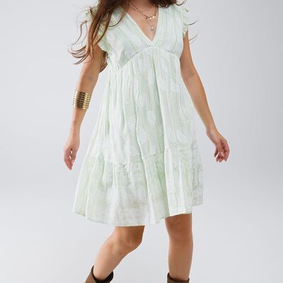 Abito babydoll corto con stampa a foglie e filo di lurex in menta