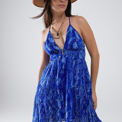 Robe babydoll à imprimé serpent bleu et dos ouvert