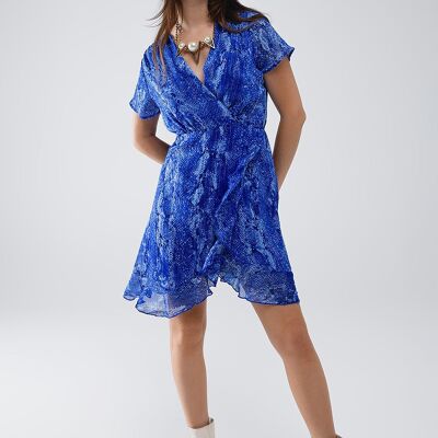 Vestido corto cruzado con estampado animal azul y lurex dorado