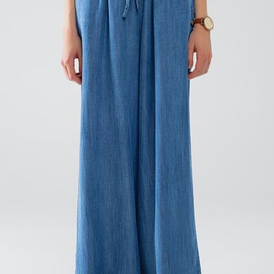 Pantalón de tencel fluido de pierna ancha estilo denim azul