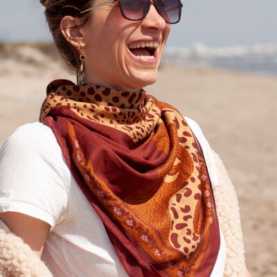 Large leopard cotton scarf - camel