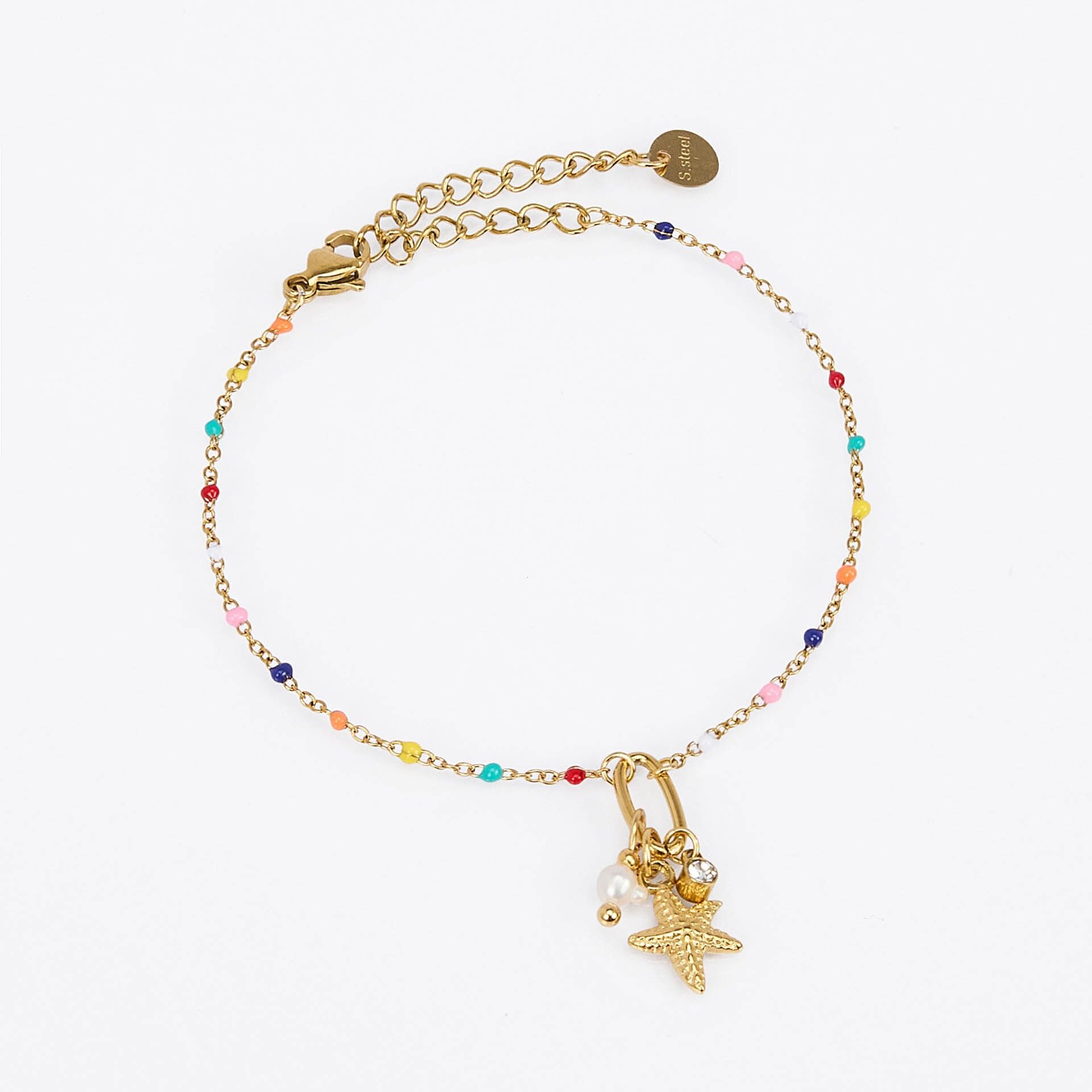 Bracciale in acciaio inossidabile – catena smaltata con tre ciondoli: strass, perla morbida, stella marina