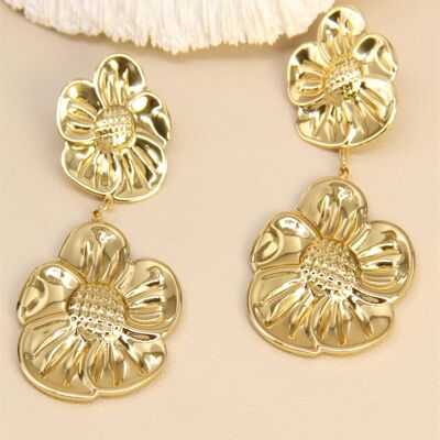 Boucles d’oreilles Double Fleur – Acier inoxydable doré, féminité en cascade