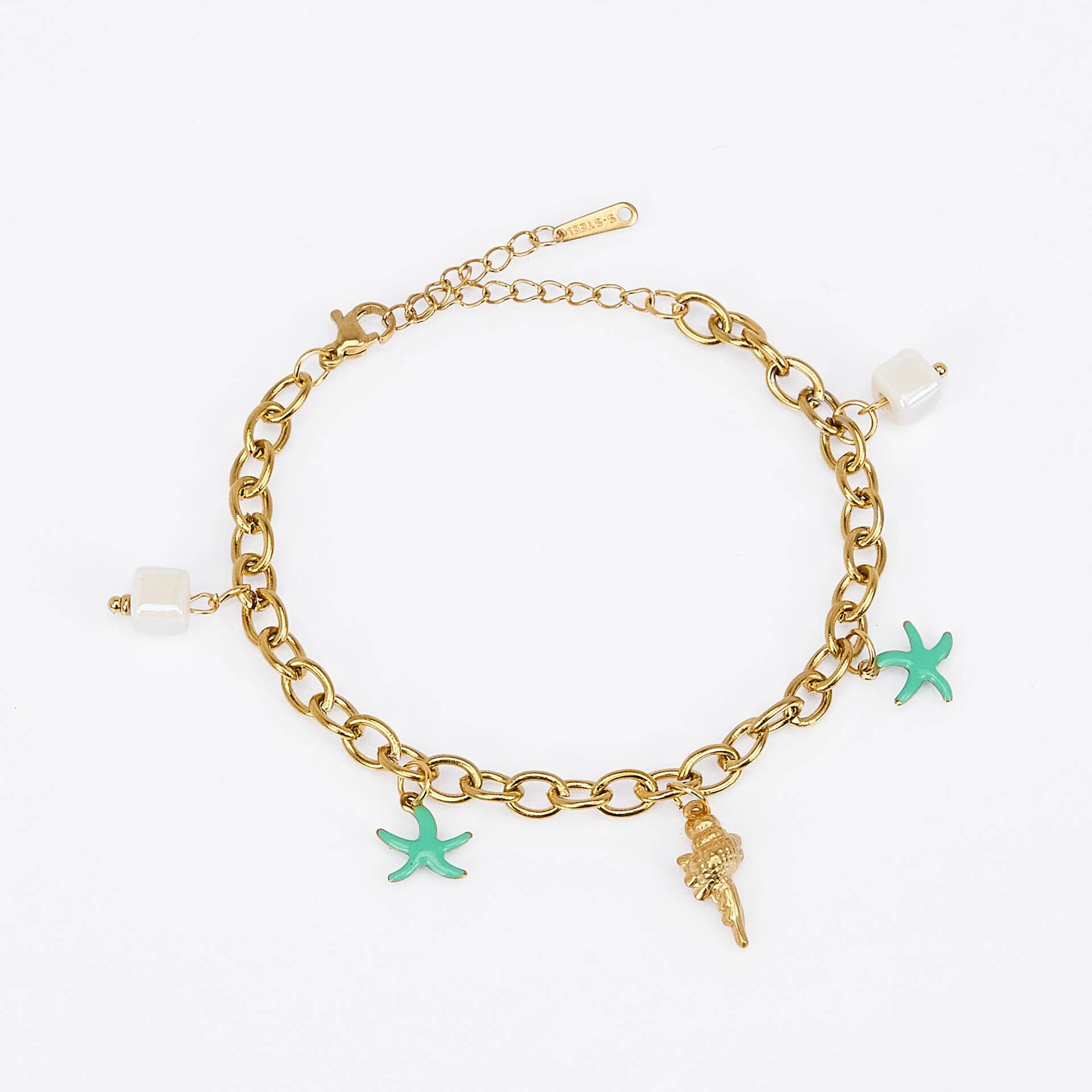 Bracciale in acciaio inossidabile - Catena spessa, conchiglia dorata, stella marina smaltata e perline in ceramica - Set di 3