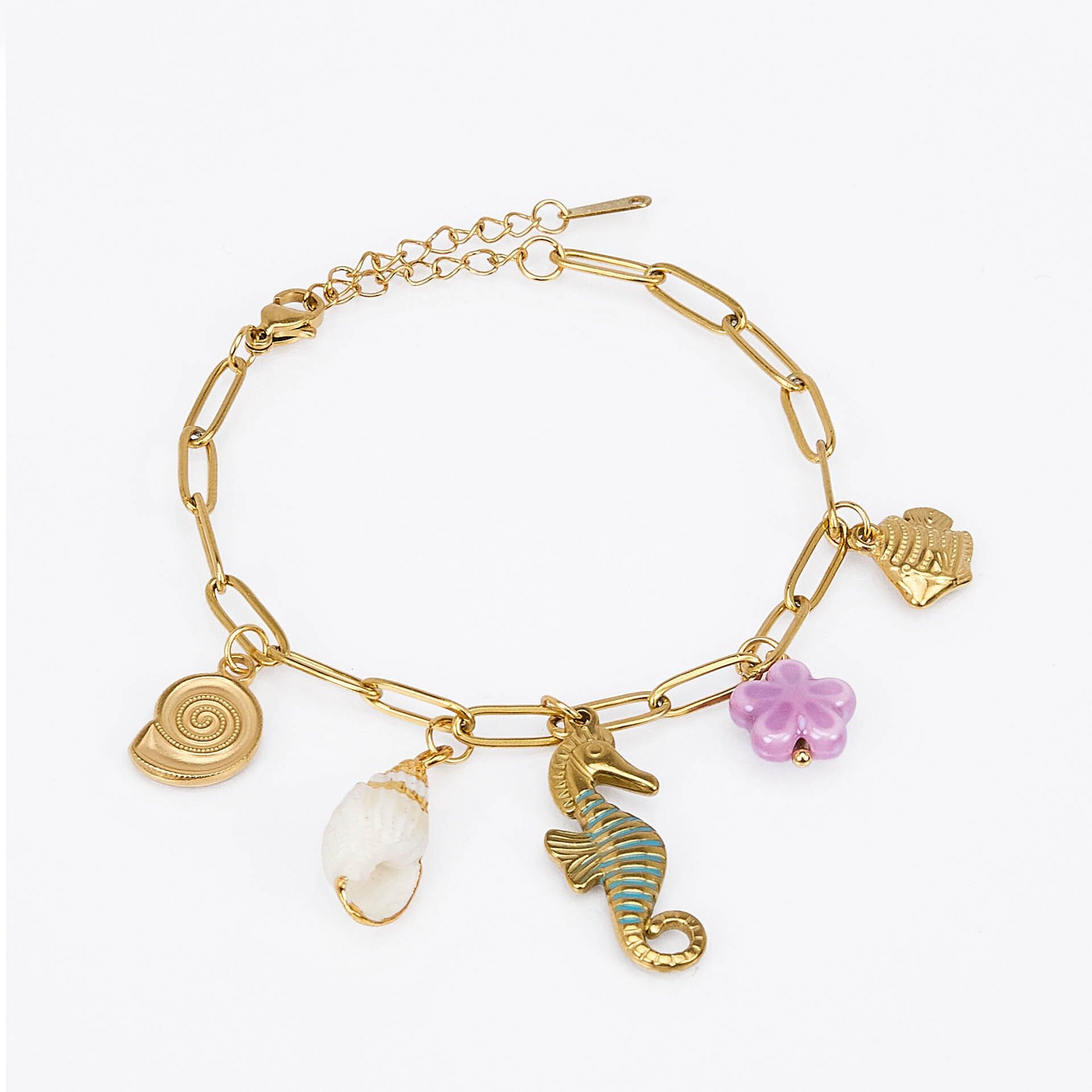 Bracciale in acciaio inossidabile – ciondoli marini: stella marina, conchiglia, bambù marino, resina – tema viola