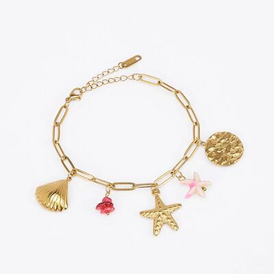 Stainless steel bracelet – marine charms: starfish, shell, sea bamboo, resin – pink theme