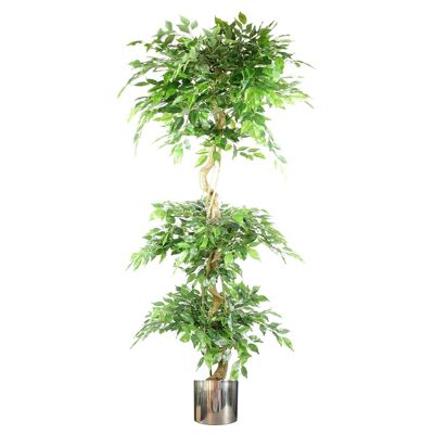 Albero di ficus artificiale a tripla sfera, 6 piedi, fioriera in metallo argentato