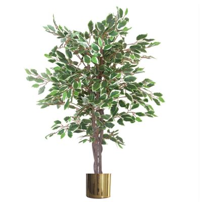 Ficus artificiel à bord blanc torsadé, 130 cm, jardinière en métal doré