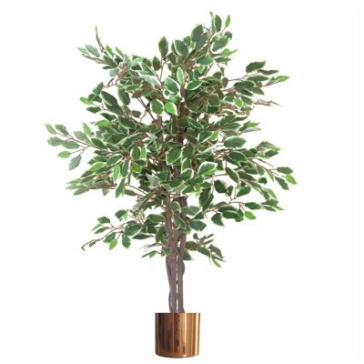 Ficus artificiel à bord blanc torsadé, 130 cm, jardinière en métal cuivré