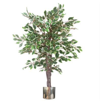 Ficus artificiel à bord blanc torsadé, 130 cm, jardinière en métal argenté