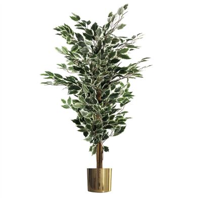 Ficus artificiel à bordure blanche, buissonnant, 130 cm, feuilles, jardinière en métal doré