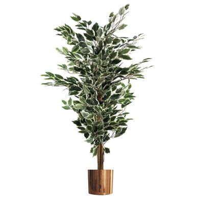 Ficus artificiel à bordure blanche, buissonnant, 130 cm, feuilles, jardinière en métal cuivré