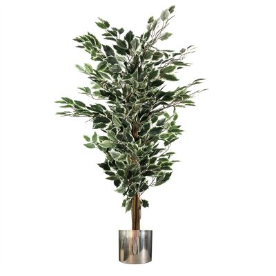 Ficus artificiel à bordure blanche, buissonnant, 130 cm, feuilles, jardinière en métal argenté