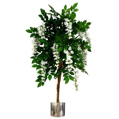 Glicine artificiale 130 cm, glicine di lusso, tronco da 130 cm, fioriera in metallo argentato