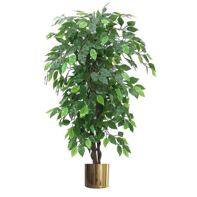 Pianta artificiale di ficus, Ficus verde cespuglioso, 120 cm, fioriera in metallo dorato