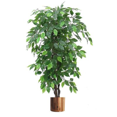 Pianta artificiale di ficus, Ficus verde cespuglioso, 120 cm, fioriera in metallo color rame