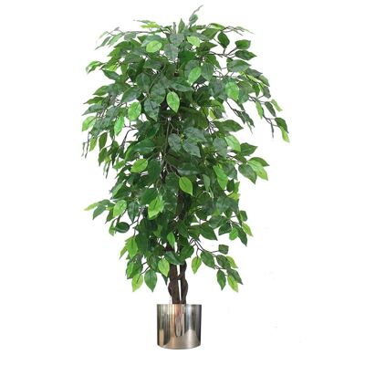 Ficus artificial verde, 120 cm, macetero de metal plateado