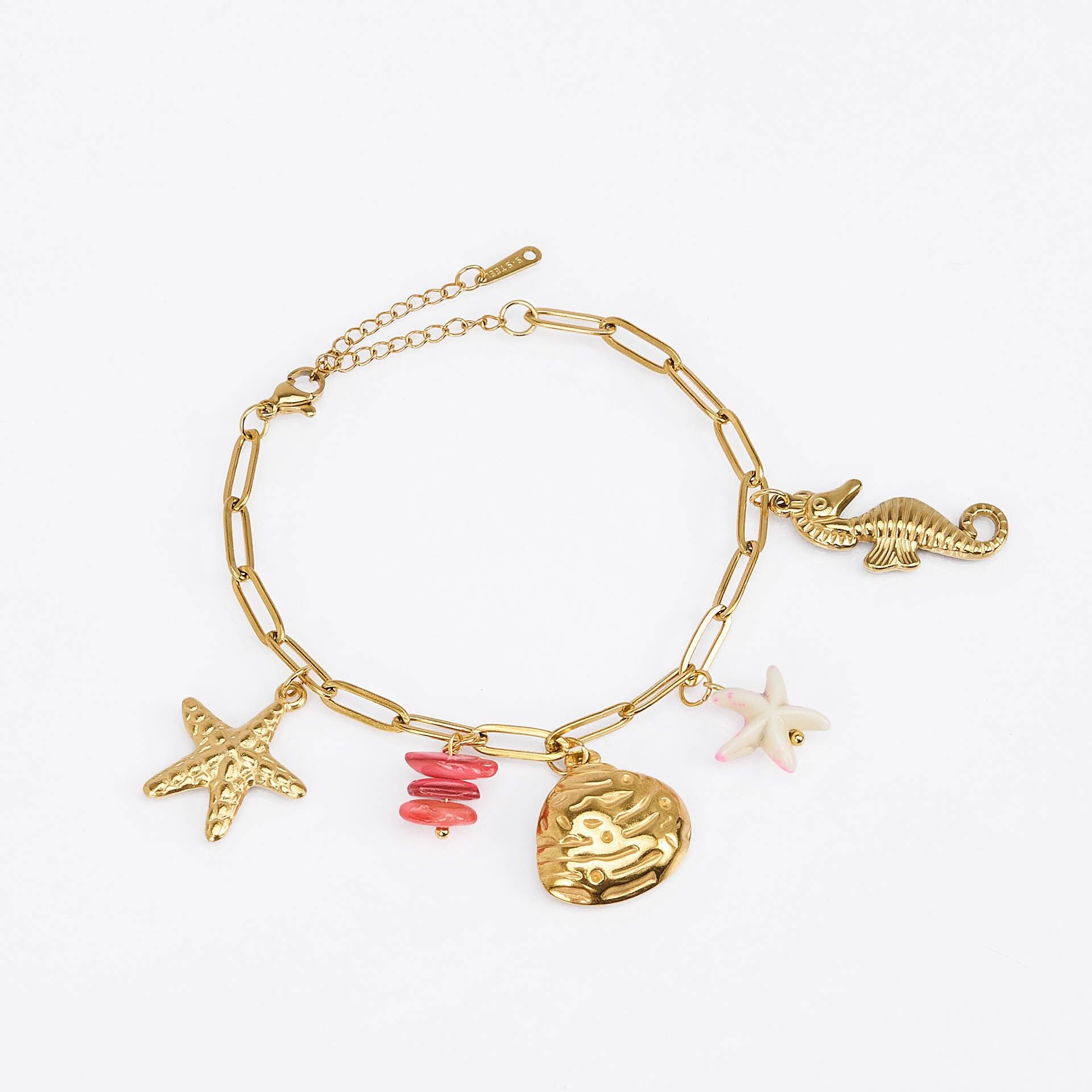 Bracciale in acciaio inossidabile - Stella marina, conchiglia, cavalluccio marino, bambù marino e resina - Set di 3