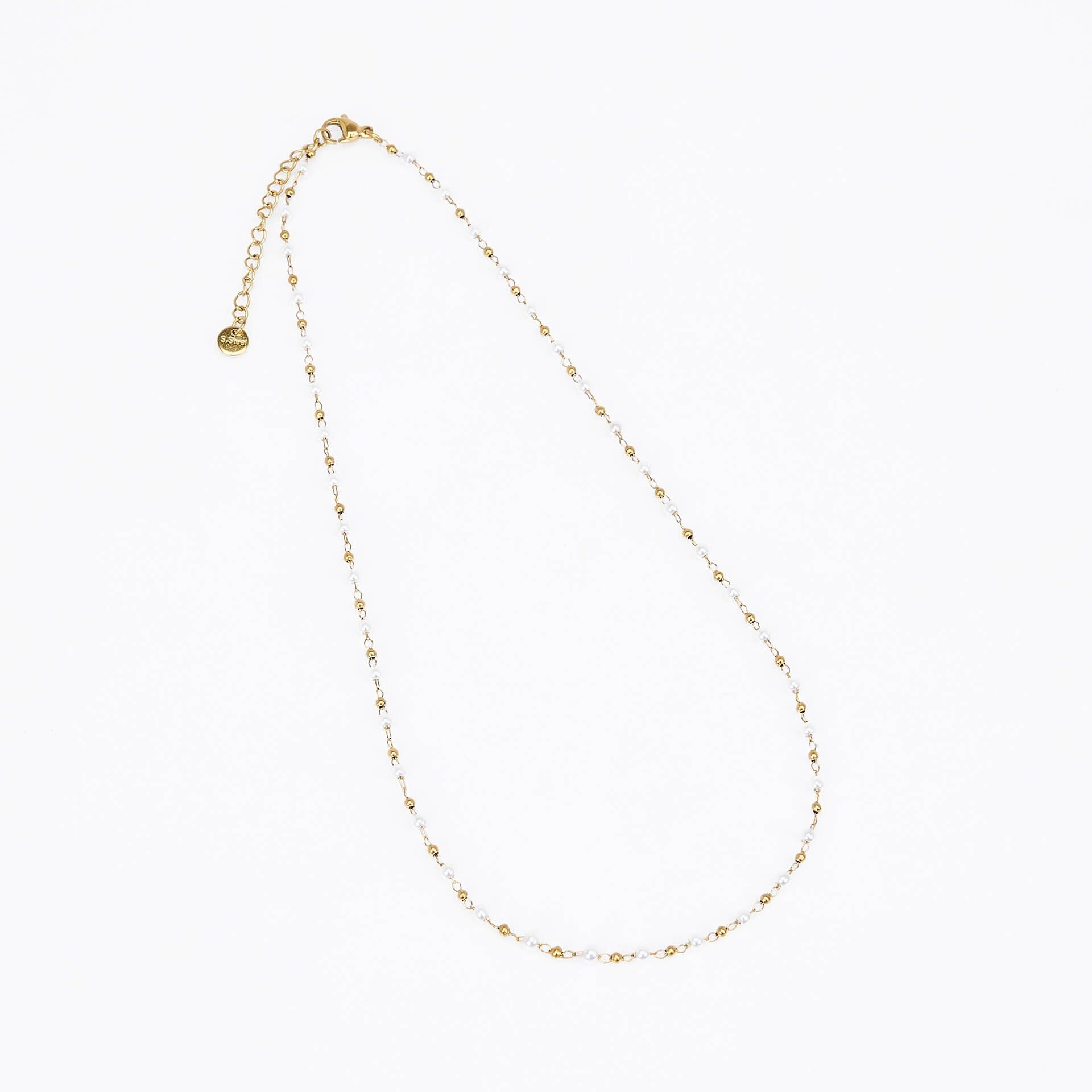 Collana in acciaio inossidabile – catena sottile, palline dorate e perline morbide stile perla – CH004