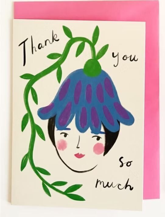 Tarjeta de felicitación de agradecimiento para mujer con flores de campanilla azul