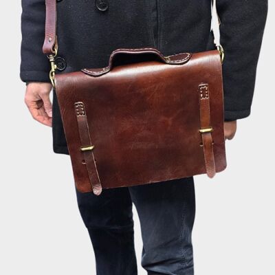 Maletín Camden Loop de piel – Bolso para portátil marrón oscuro de grano completo