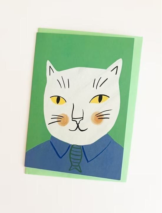 Tarjeta de felicitación blanca de "Chico Gato"