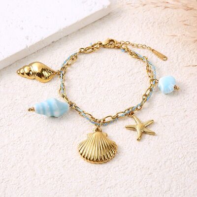 Gold chain bracelet with sky blue cord and blue shell charms