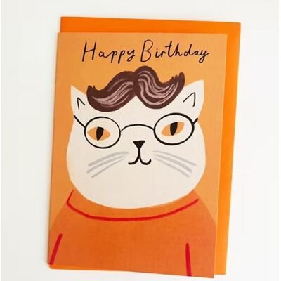 Glasses Cat Happy Birthday - Cream