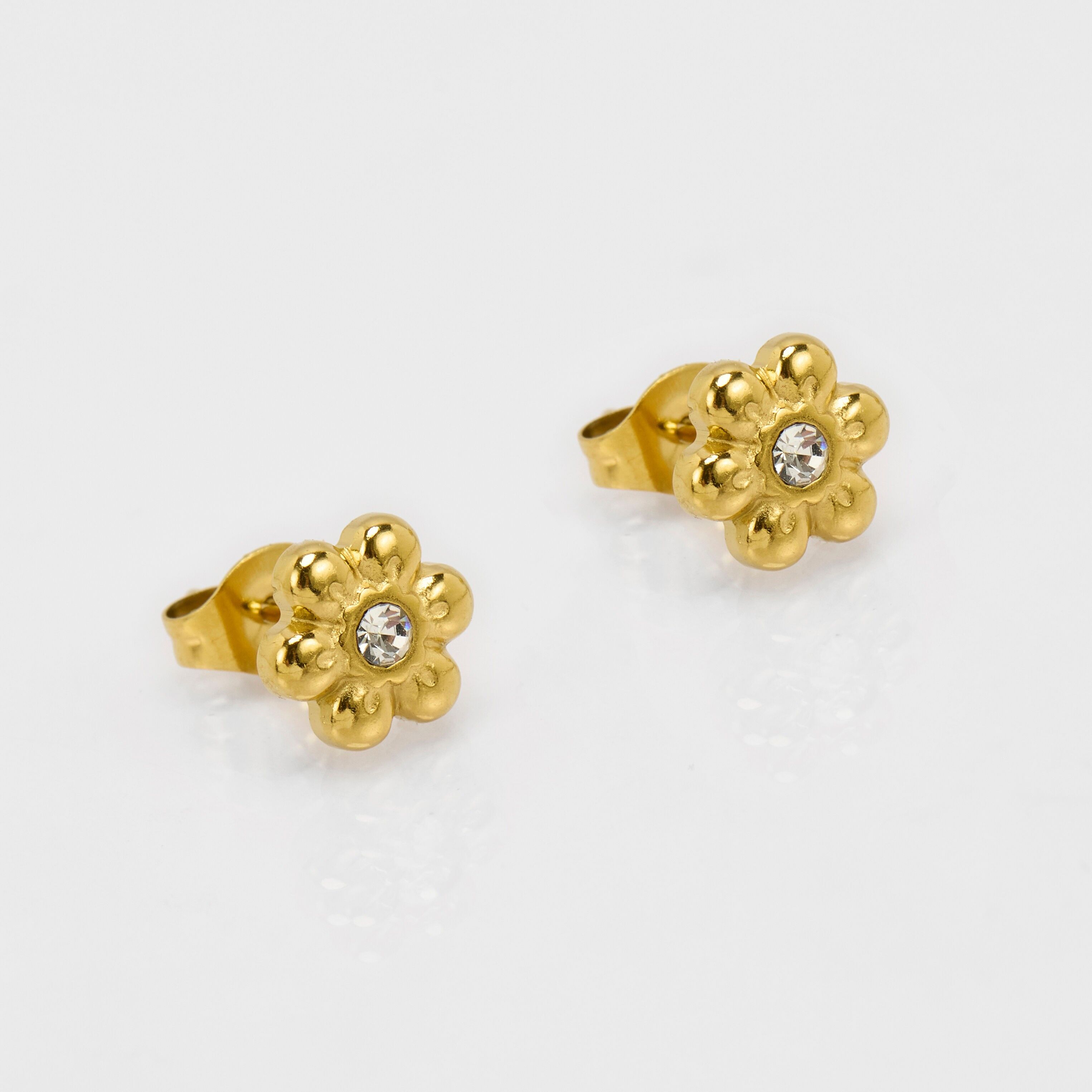 Mini orecchini a bottone in acciaio inossidabile - Motivo floreale 6P con strass