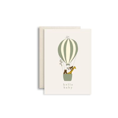 Greeting card hello baby hot air balloon green