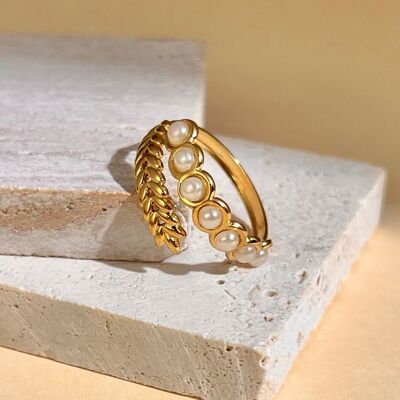 Adjustable Leaf and Pearl Ring Adjustable in Steel