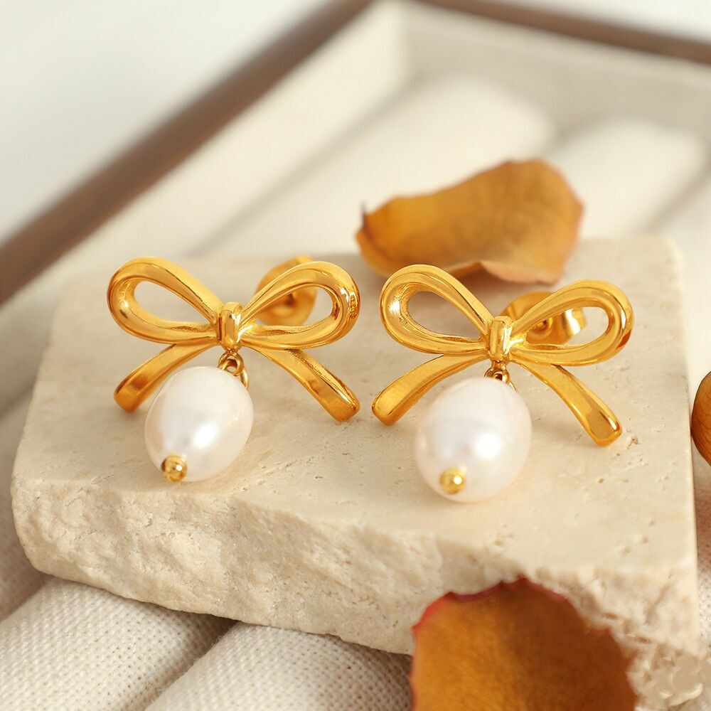 Stainless steel hanging pearl knot earrings
