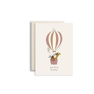 Greeting card hello baby hot air balloon pink