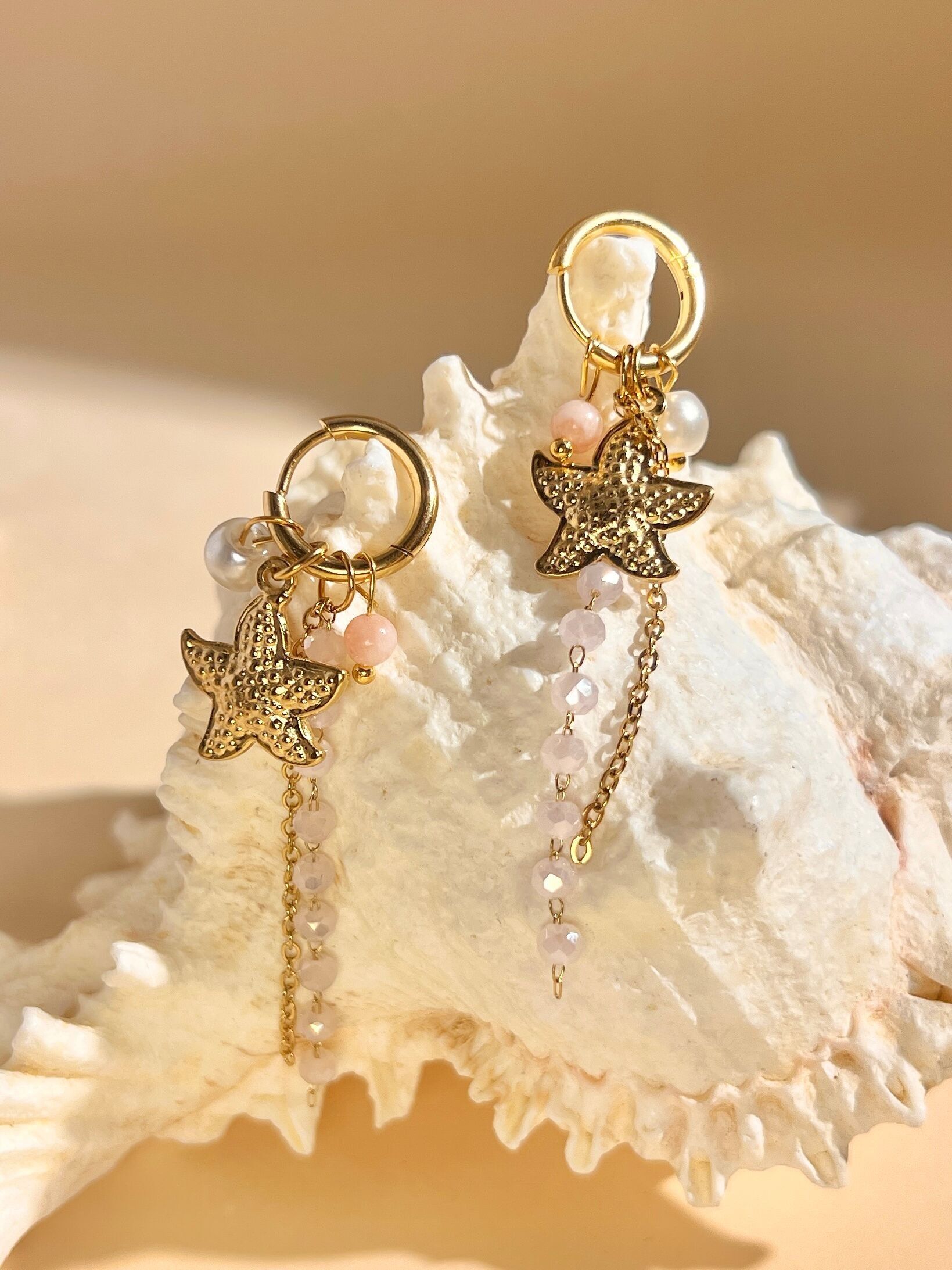 Chic summer steel gold pearl starfish charm hoop earrings