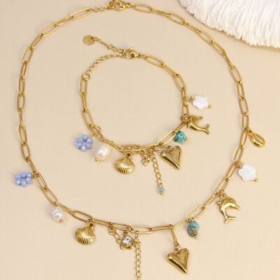 Parure acier inoxydable été tendance – collier & bracelet charms symboliques