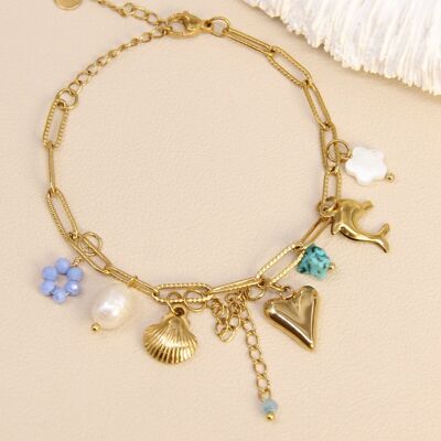 Bracelet acier inoxydable tendance – pampilles cœur, coquillage & perles