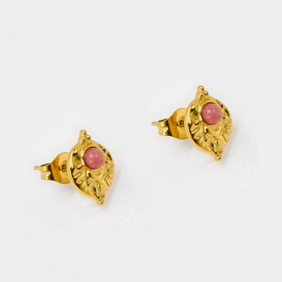 Puces dorées en forme ovoïde avec pierre naturelle centrale rhodonite. Vendues par lot de 5 paires identiques. Élégantes, fines et faciles à porter.