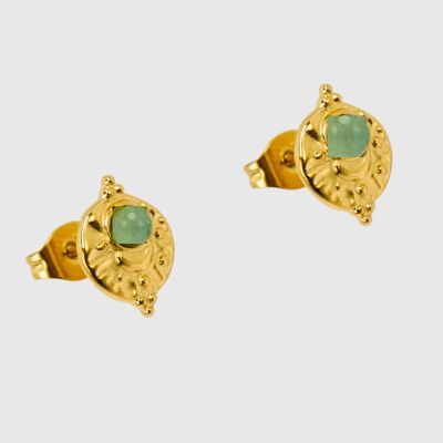 Chips dorados de forma ovoide con piedra amazonita natural central. Se vende en paquetes de 5 pares idénticos. miElegante, fino y fácil de llevar.