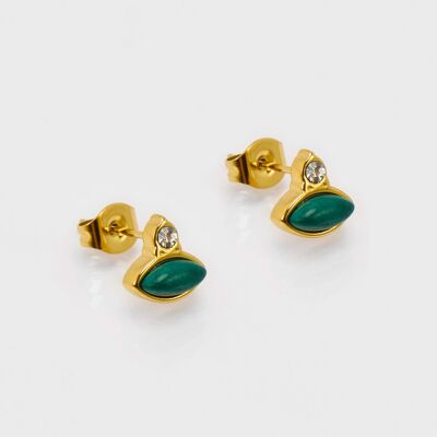 Chips dorados en forma de ojo con piedra central turquesa africana natural. Se vende en paquetes de 5 pares idénticos. miElegante, fino y fácil de llevar.