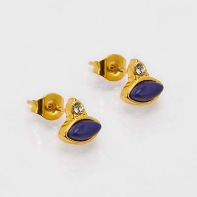 Puces dorées en forme oeil avec pierre naturelle centrale lapis lazuli. Vendues par lot de 5 paires identiques. Élégantes, fines et faciles à porter.