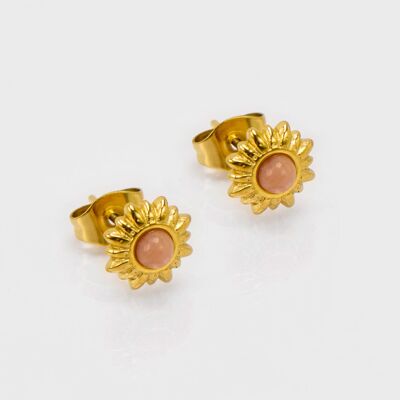 Puces dorées en forme solaire avec pierre naturelle centrale rhodonite. Vendues par lot de 5 paires identiques. Élégantes, fines et faciles à porter.