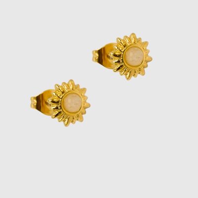 Golden sun-shaped chips with a central natural agate stone. Sold in packs of 5 identical pairs. Eelegant, thin and easy to wear.